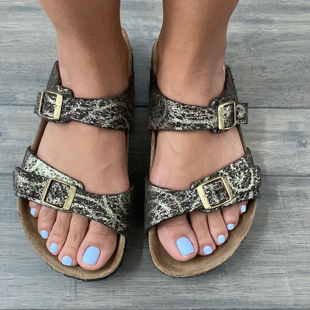 Birkenstock Papillio Arizona Gold Crackle Sandals W7 M5 Unisex - Picture 13 of 17